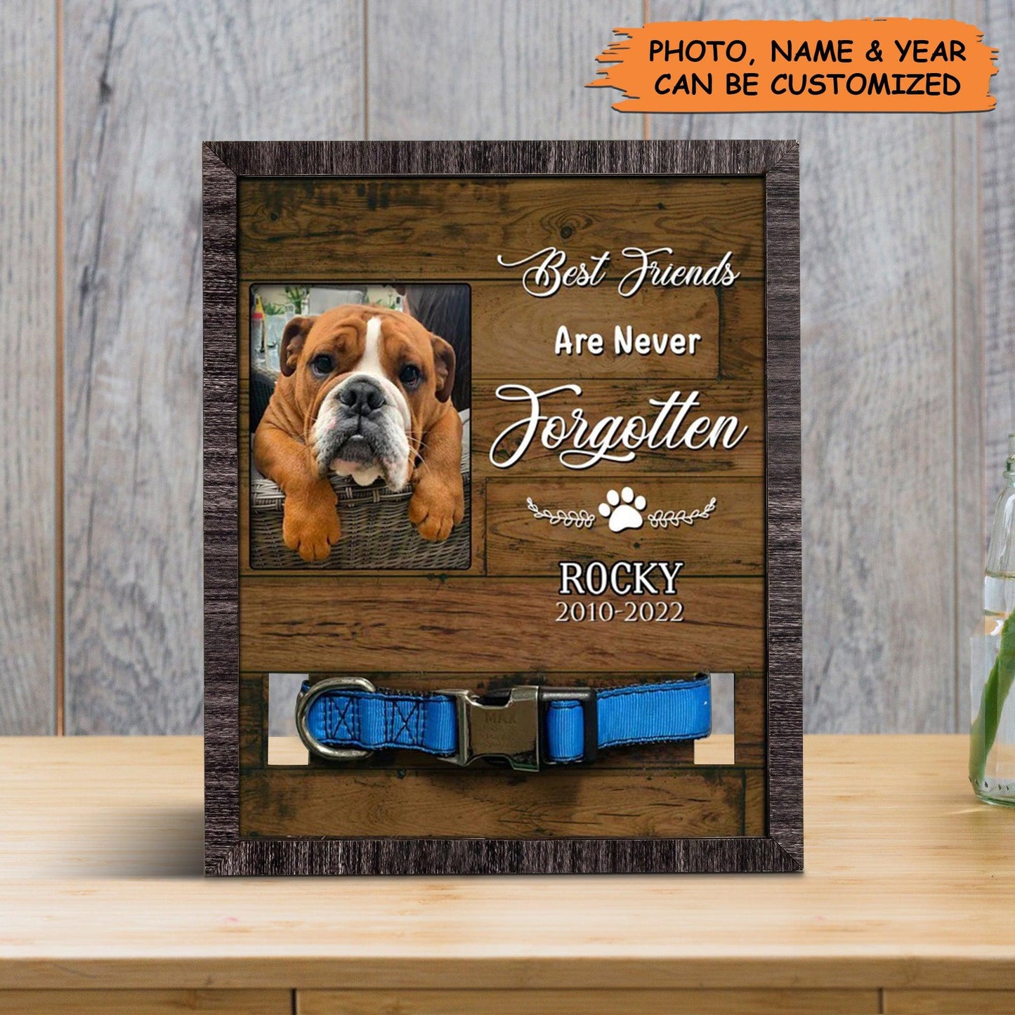 Personalized Pet Collar Frame - Customized Picture Frame Loss Of Bulldog, Dog Remembrance, Memorial Custom Collar Frame - Gift For Grieving Pet Owner - Amzanimalsgift