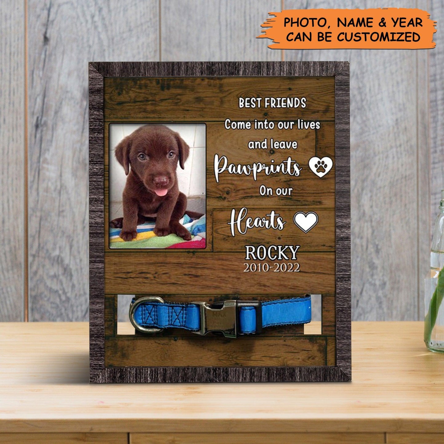 Personalized Pet Collar Frame - Pawprints On My Heart Custom Dog Collar Frame, Pet Loss Sympathy, Custom Memorial Pet Collar Sign- Gift For Pet Lovers - Amzanimalsgift