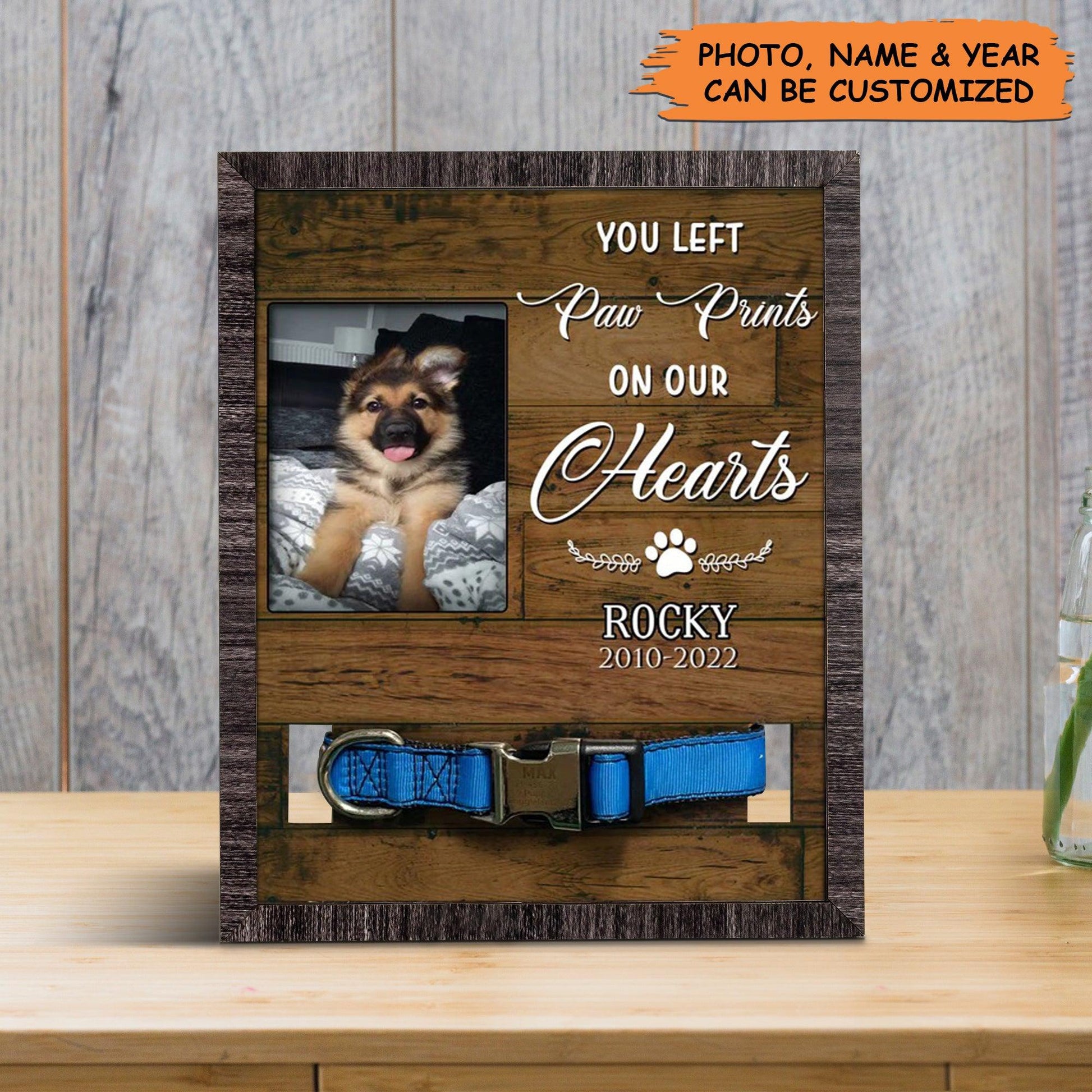 Personalized Pet Collar Frame - Pawprints On Our Hearts Picture Frame, Memorial Pet Collar Sign, Pet Loss Sympathy - Gift For Pet Lovers, Friend - Amzanimalsgift