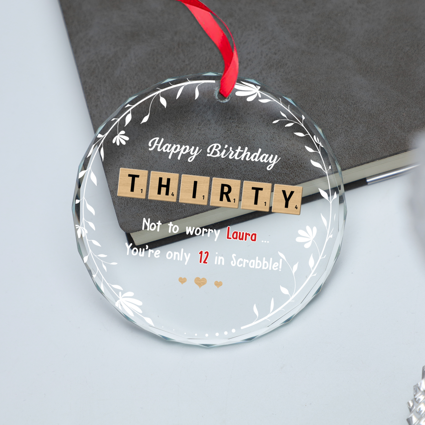 Personalized Scrabble Tiles Circle Glass Ornament Birthday Gift 30th 40th 50th 60th 70th 80th 90th 100th