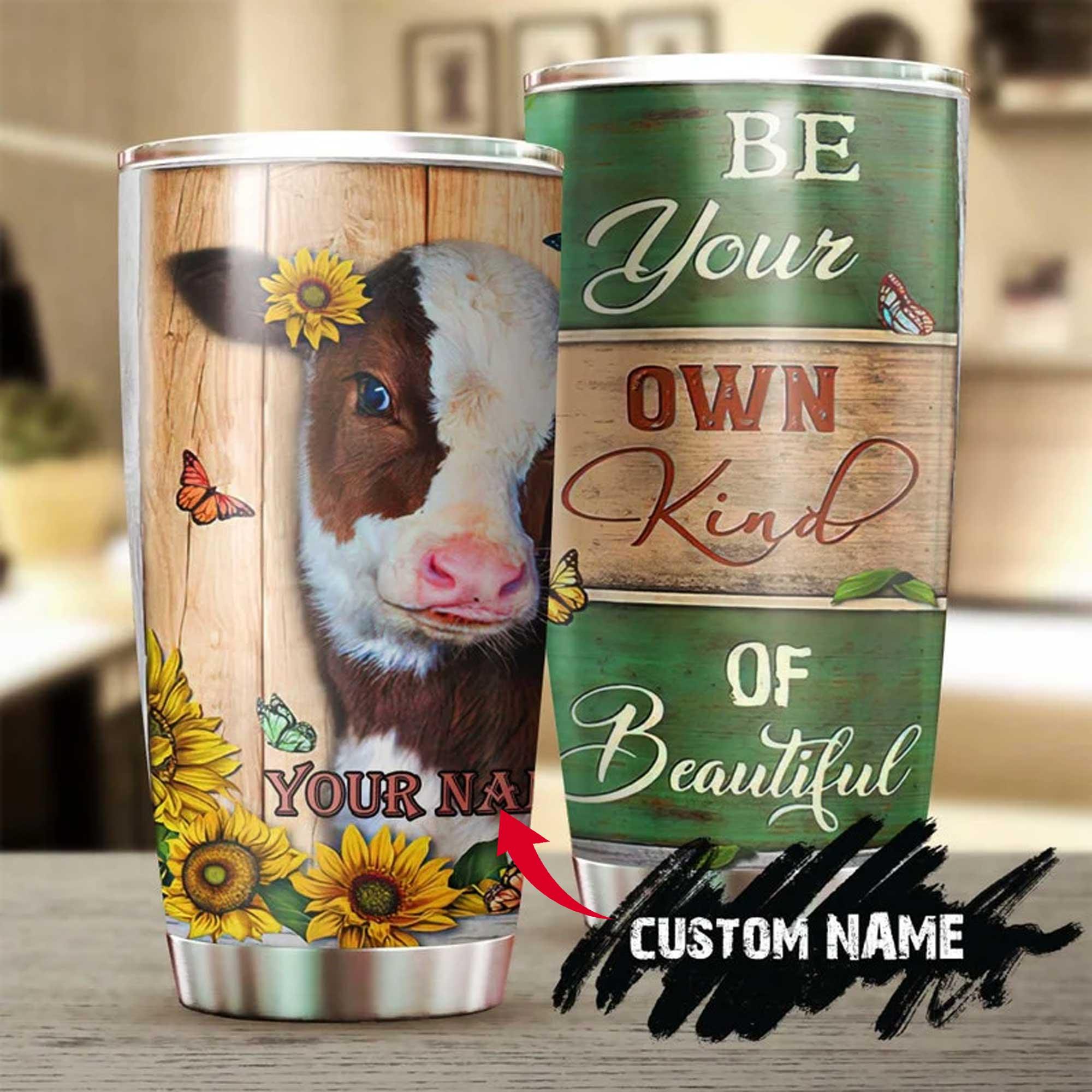 Personalized Sunflower Cow Tumbler - Be Your Own Kind Of Beautiful Personalized Tumbler - Perfect Gift For Cow Lover, Friend, Family - Amzanimalsgift