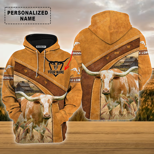 Personalized Texas Longhorn Cattle Leather Pattern T-Shirt, Cattle On The Farm Shirt For Friend, Family, Farmer, Texas Longhorn Lovers