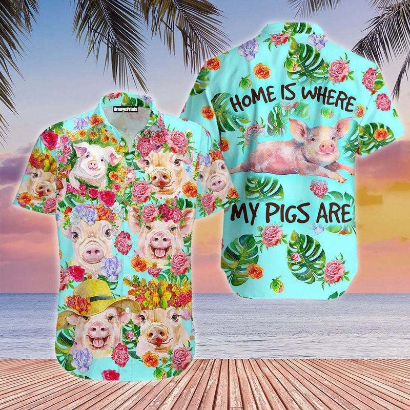 Pig Aloha Hawaiian Shirt - Farmer Pig Rose Flowers Hawaiian Shirt, Home Is Where My Pigs Are Hawaiian Shirt For Men & Women, Pig Lover - Amzanimalsgift