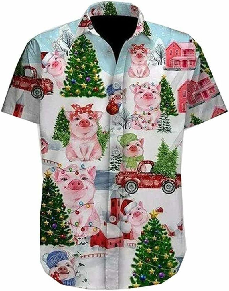 Pig Aloha Hawaiian Shirt - Pig Girl Pine Tree Snowflakes Hawaiian Shirt, Red Car Winter Merry Christmas Hawaiian Shirt For Men & Women, Pig Lover - Amzanimalsgift