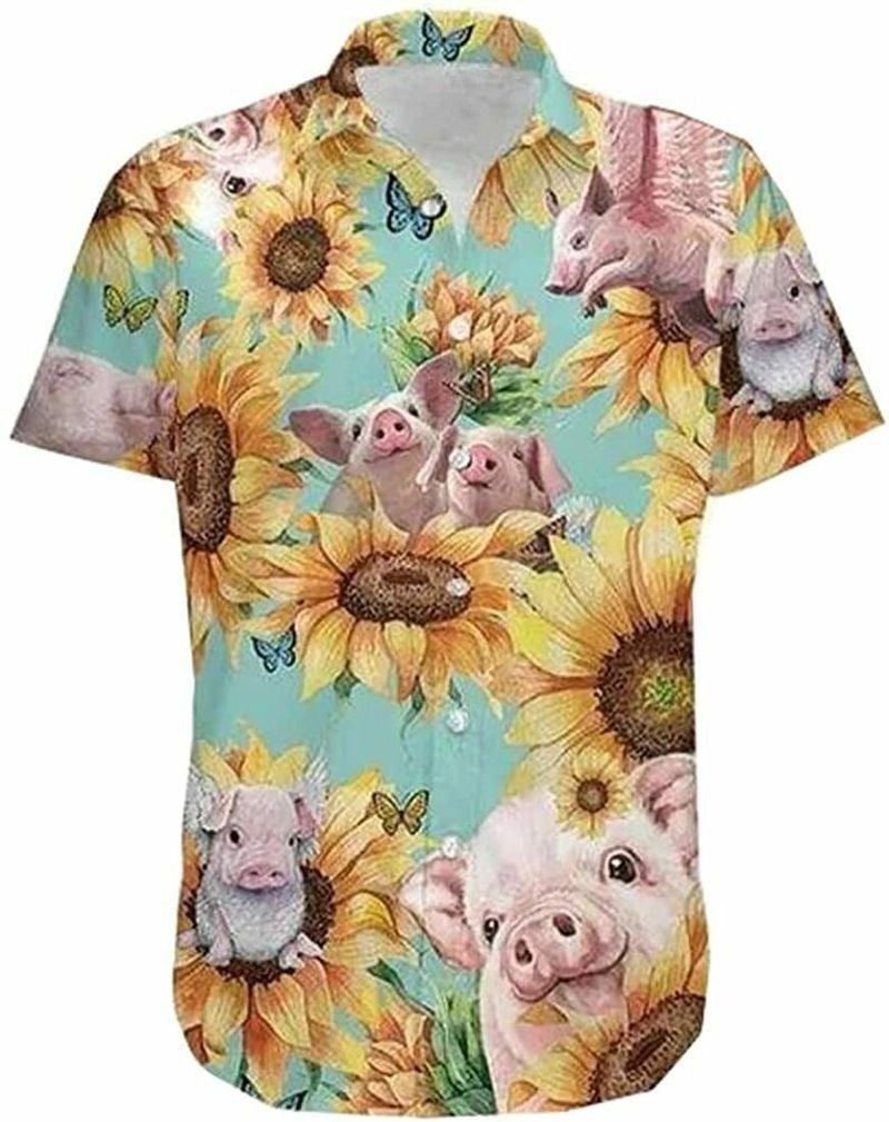 Pig Aloha Hawaiian Shirt - Sunflower Pig Pattern Hawaiian Shirt, Cute Winged Pig Hawaiian Shirt For Men & Women, Pig Lover - Amzanimalsgift