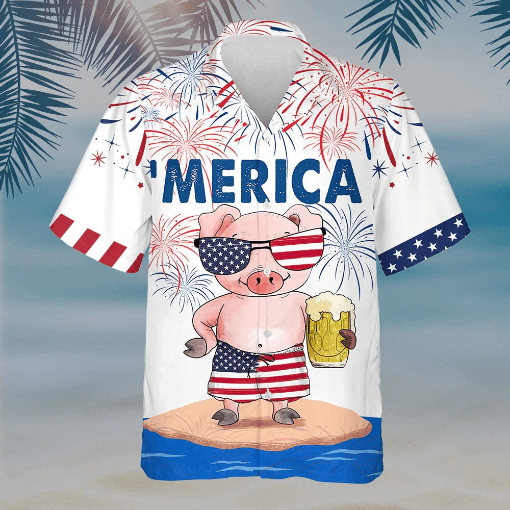 Pig Aloha Hawaiian Shirts For Summer, Pig Beer 'Merica Independence Day Hawaiian Shirt For Men Women, Best 4th Of July Gift For Him Her Patriotic - Amzanimalsgift