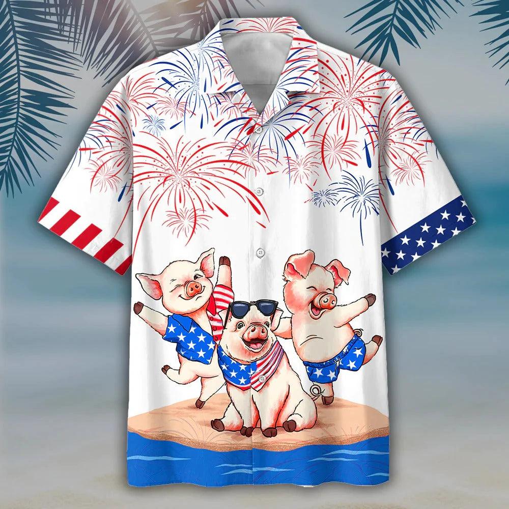 Pig Independence Day Aloha Hawaiian Shirts For Summer, Happy 4th Of July Pig Hawaiian Shirt For Men Women, Special Gift For Pig Lovers, Fourth Of July - Amzanimalsgift