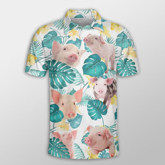 Pig Men Polo Shirt For Summer - Cute Pig In Tropical Leaves Pattern Button Shirt For Men - Perfect Gift For Pig Lovers, Animal Lovers - Amzanimalsgift