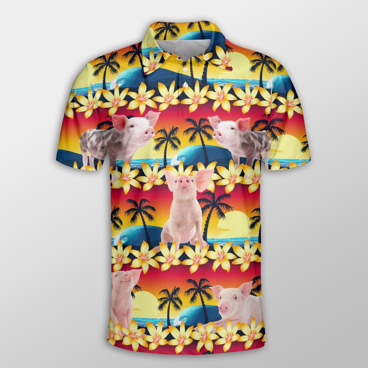 Pig Men Polo Shirt For Summer - Pig Beach Sunset Pattern Button Shirt For Men - Perfect Gift For Pig Lovers, Cattle Lovers - Amzanimalsgift