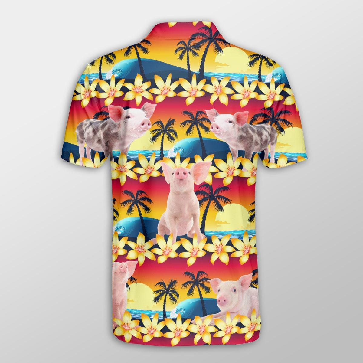 Pig Men Polo Shirt For Summer - Pig Beach Sunset Pattern Button Shirt For Men - Perfect Gift For Pig Lovers, Cattle Lovers - Amzanimalsgift