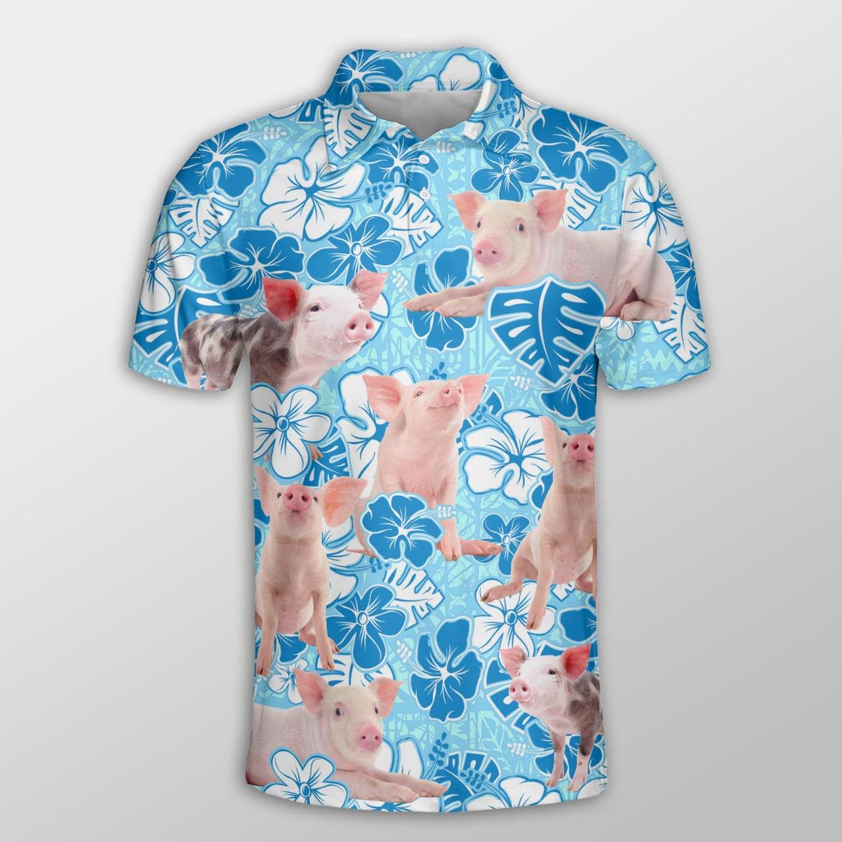 Pig Men Polo Shirt For Summer - Pig Blue Floral Pattern Button Shirt For Men - Perfect Gift For Pig Lovers, Cattle Lovers - Amzanimalsgift