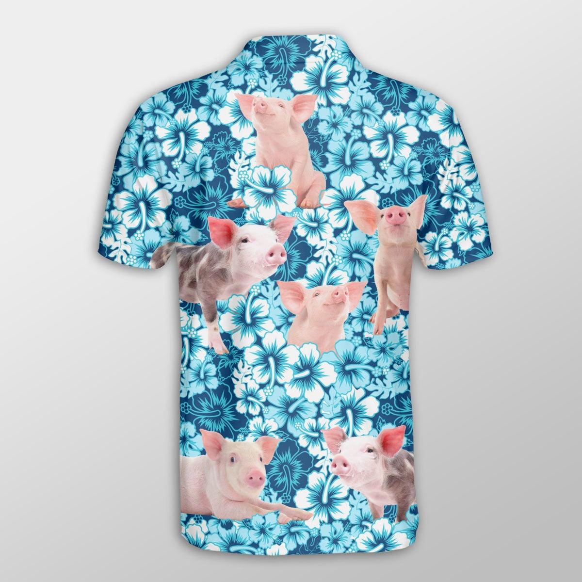 Pig Men Polo Shirt For Summer - Pig Blue Hibiscus Pattern Button Shirt For Men - Perfect Gift For Pig Lovers, Cattle Lovers - Amzanimalsgift