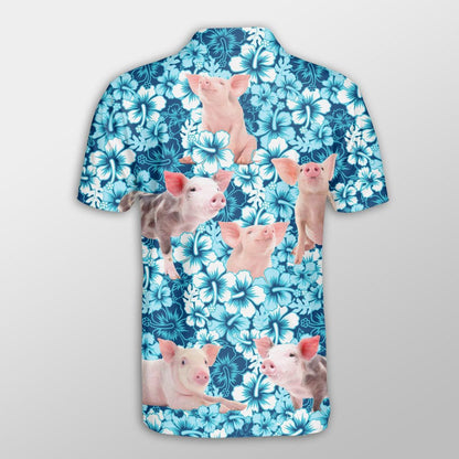 Pig Men Polo Shirt For Summer - Pig Blue Hibiscus Pattern Button Shirt For Men - Perfect Gift For Pig Lovers, Cattle Lovers - Amzanimalsgift
