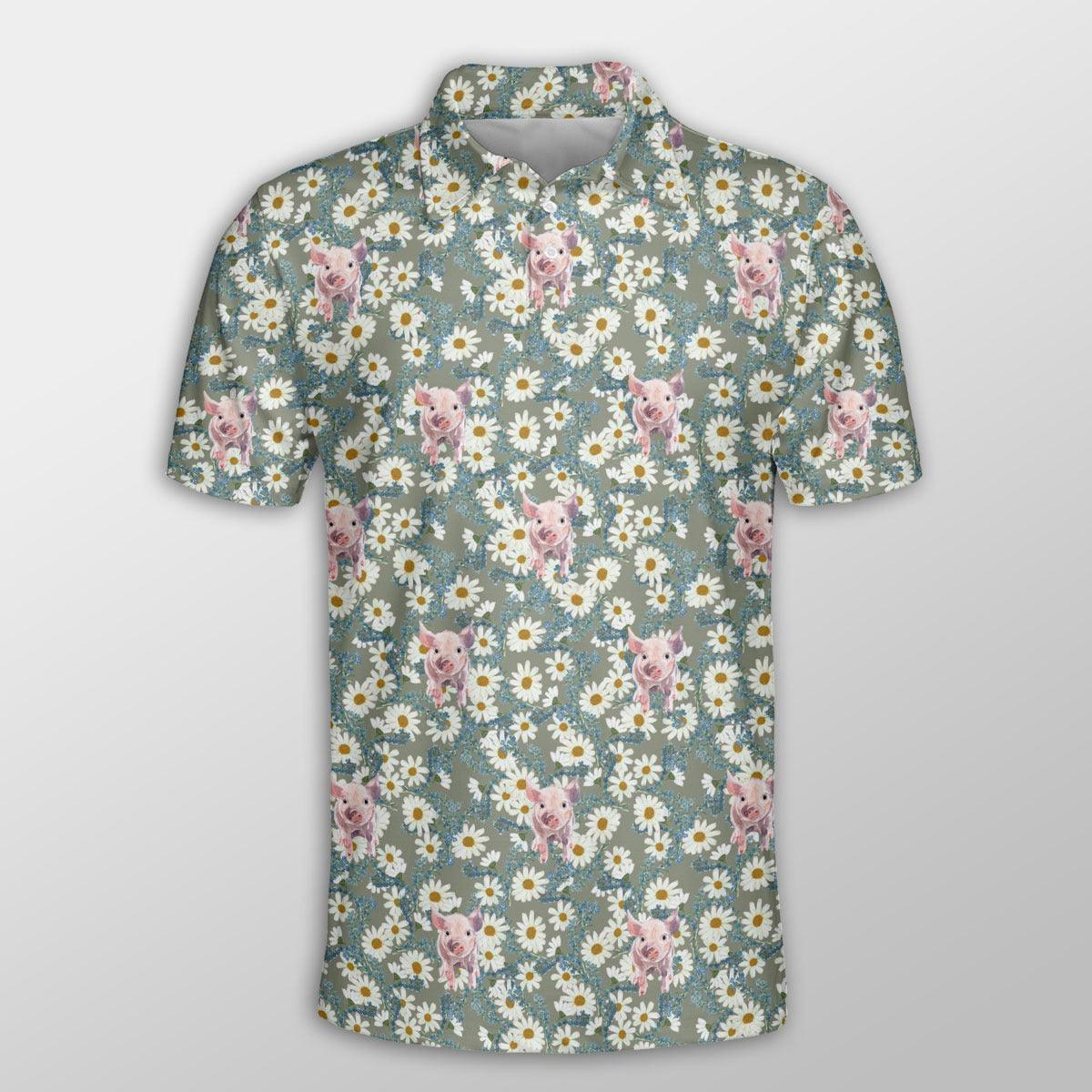 Pig Men Polo Shirt For Summer - Pig Camomilles Flower Grey Pattern Button Shirt For Men - Perfect Gift For Pig Lovers, Cattle Lovers - Amzanimalsgift
