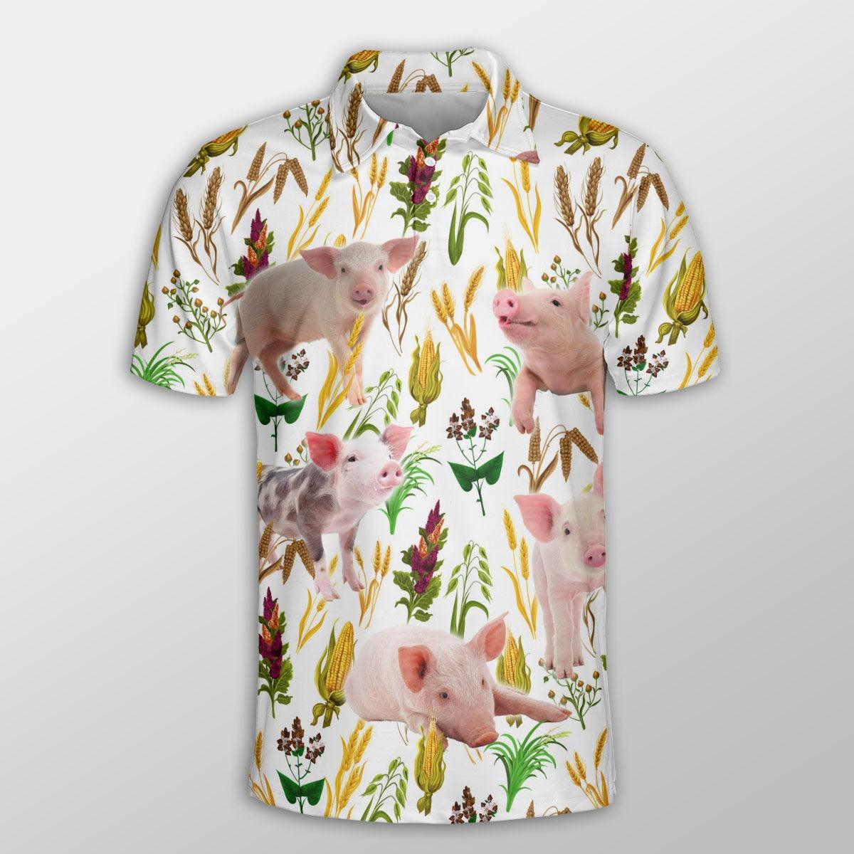 Pig Men Polo Shirt For Summer - Pig Farm Wheat Pattern Button Shirt For Men - Perfect Gift For Pig Lovers, Cattle Lovers - Amzanimalsgift