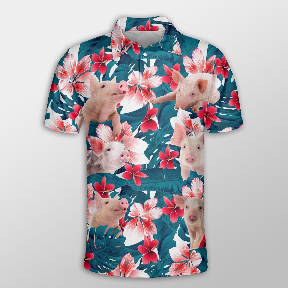 Pig Men Polo Shirt For Summer - Pig Tropical Floral Pattern Farm Lovers Button Shirt For Men - Perfect Gift For Pig Lovers, Cattle Lovers - Amzanimalsgift