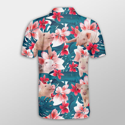 Pig Men Polo Shirt For Summer - Pig Tropical Floral Pattern Farm Lovers Button Shirt For Men - Perfect Gift For Pig Lovers, Cattle Lovers - Amzanimalsgift