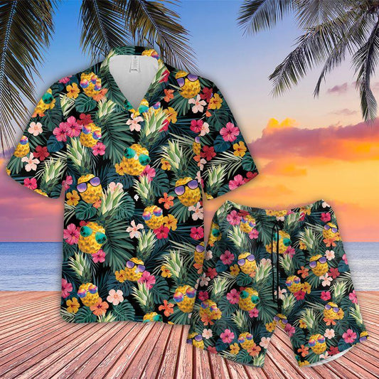 Pineapple Glasses Aloha Hawaiian Shirts For Summer, Tropical Theme Hawaiian Set Vacation Clothing For Men Women, Gift For Friend, Family, Team - Amzanimalsgift