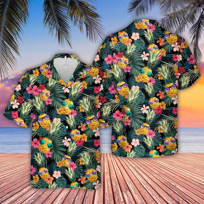 Pineapple Glasses Aloha Hawaiian Shirts For Summer, Tropical Theme Hawaiian Set Vacation Clothing For Men Women, Gift For Friend, Family, Team - Amzanimalsgift