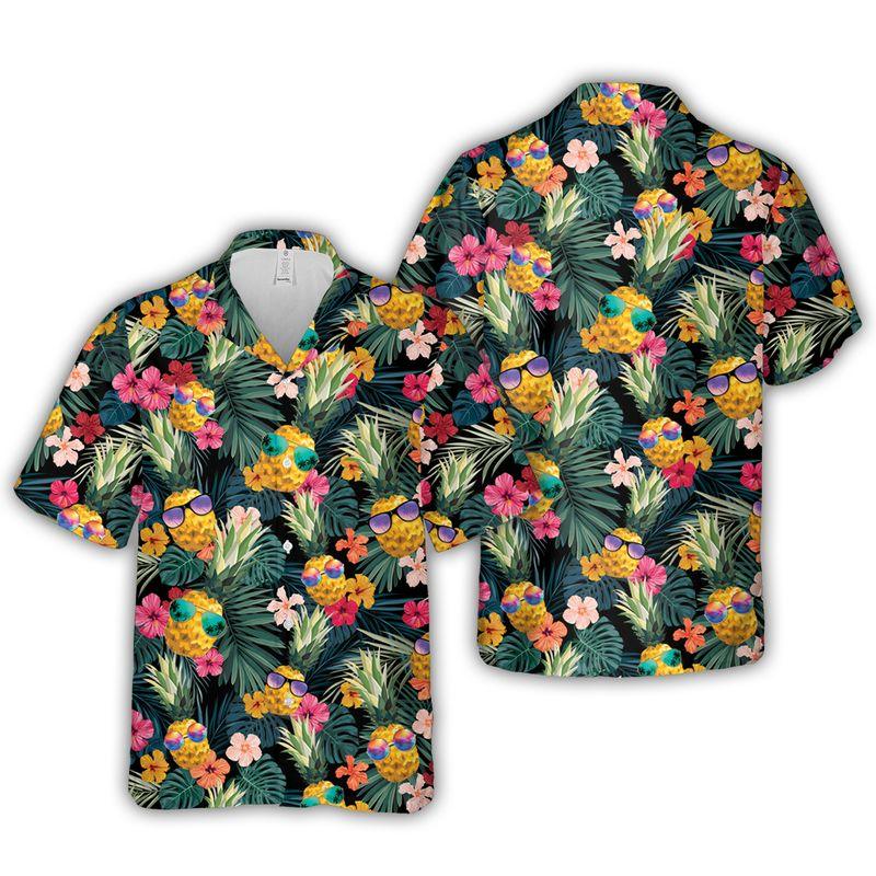 Pineapple Glasses Aloha Hawaiian Shirts For Summer, Tropical Theme Hawaiian Set Vacation Clothing For Men Women, Gift For Friend, Family, Team - Amzanimalsgift
