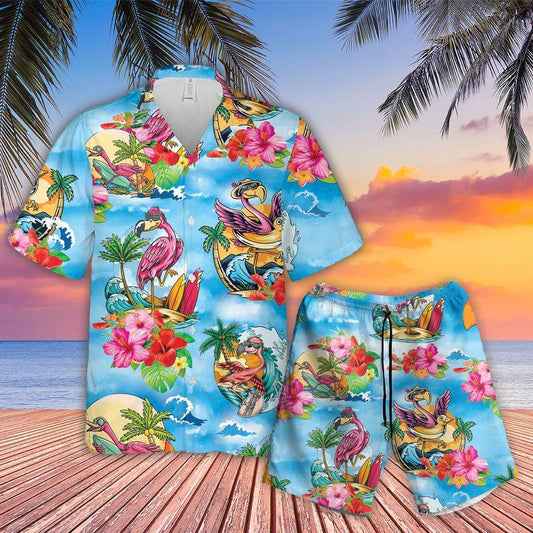 Pink Flamingo Aloha Hawaiian Shirts For Summer, Hibiscus Flower Cartoon Hawaiian Set Vacation Outfit For Men Women, Gift For Friend, Family - Amzanimalsgift