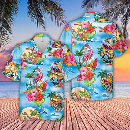 Pink Flamingo Aloha Hawaiian Shirts For Summer, Hibiscus Flower Cartoon Hawaiian Set Vacation Outfit For Men Women, Gift For Friend, Family - Amzanimalsgift