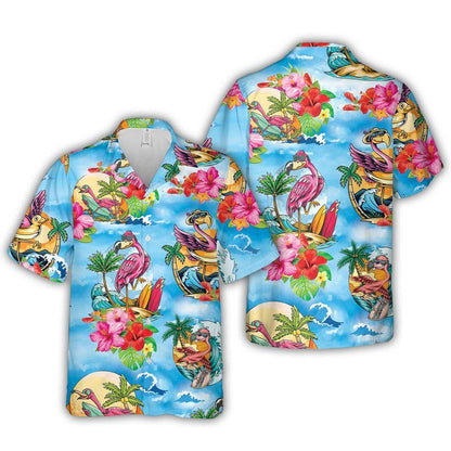 Pink Flamingo Aloha Hawaiian Shirts For Summer, Hibiscus Flower Cartoon Hawaiian Set Vacation Outfit For Men Women, Gift For Friend, Family - Amzanimalsgift