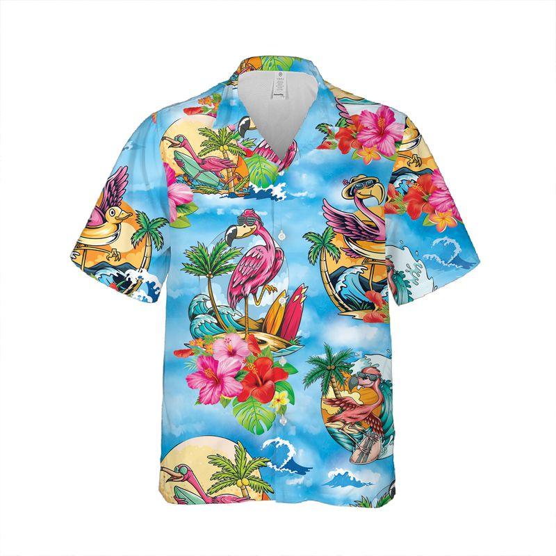 Pink Flamingo Aloha Hawaiian Shirts For Summer, Hibiscus Flower Cartoon Hawaiian Set Vacation Outfit For Men Women, Gift For Friend, Family - Amzanimalsgift