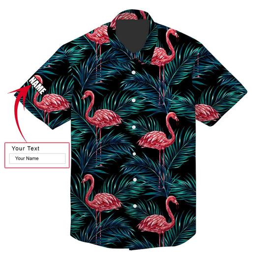 Pink Flamingo Tropical Custom Name Aloha Hawaiian Shirt For Summer, Palm Leaves Floral Pattern Personalized Hawaiian Shirts Outfit For Men Women - Amzanimalsgift