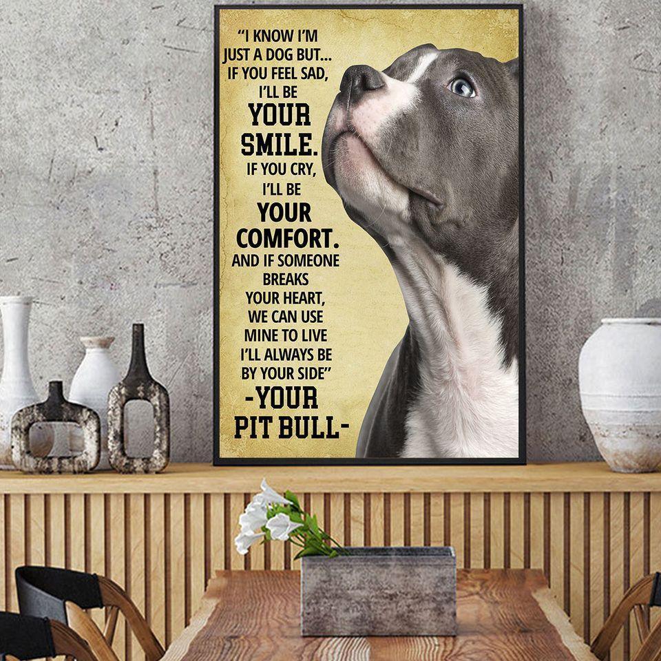 Pit Bull Portrait Canvas - I Know I'm Just A Dog But If You Feel Sad I'll Be Your Smile Canvas, Perfect Gift For Dog Lover, Pit Bull Lover - Amzanimalsgift