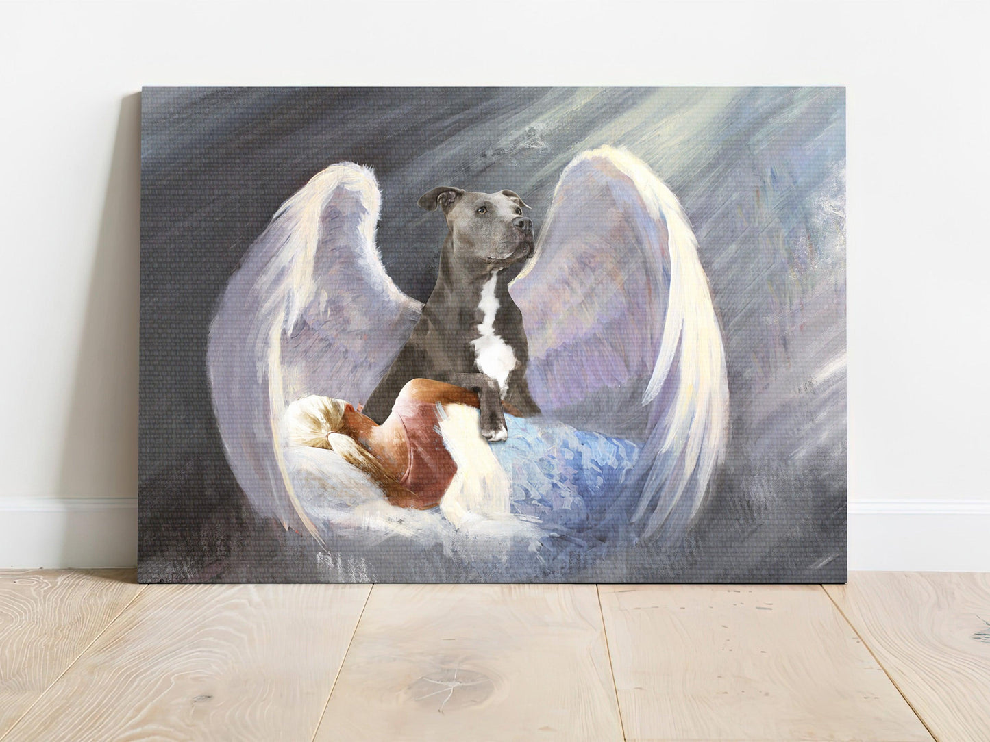Pit Bull Premium Wrapped Landscape Canvas - Pit Bull, Sleeping Girl, Beautiful Wings, I'll Protect You - Perfect Gift For Pit Bull Lovers - Amzanimalsgift