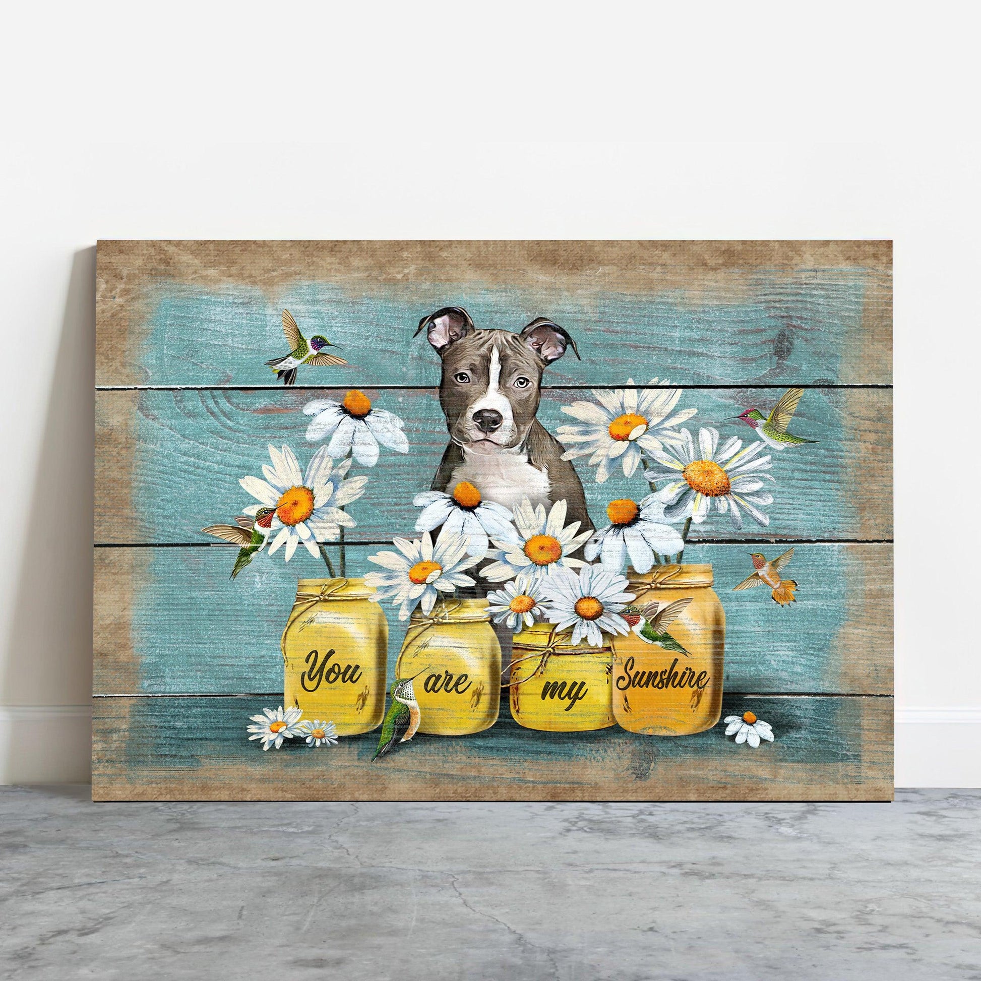 Pit Bull Premium Wrapped Landscape Canvas - Pitt Bull Painting, Daisy Flowers, Hummingbird, You Are My Sunshine - Gift For Pitt Bull Lovers - Amzanimalsgift