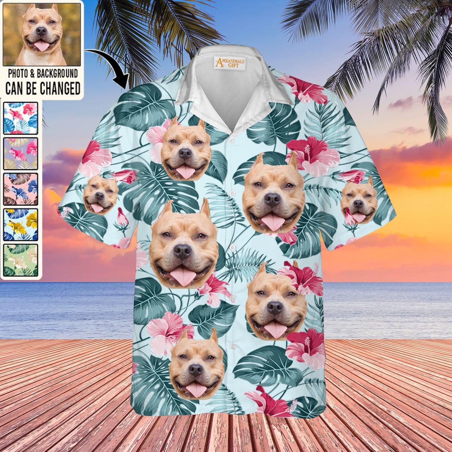 Pitbull Face Custom Aloha Hawaii Shirt - Dog Custom Photo With Tropical Pattern Personalized Hawaiian Shirt - Perfect Gift For Dog Lovers, Friend, Family - Amzanimalsgift