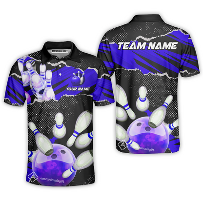 Personalized Bowling Team Polo Shirt, Bowling Uniforms Ball & Pins Sport Pattern Multicolor Options Custom Name And Team Name