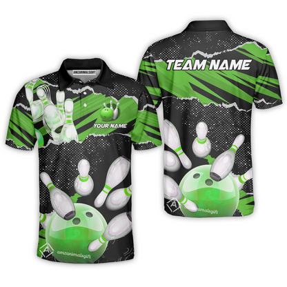 Personalized Bowling Team Polo Shirt, Bowling Uniforms Ball & Pins Sport Pattern Multicolor Options Custom Name And Team Name