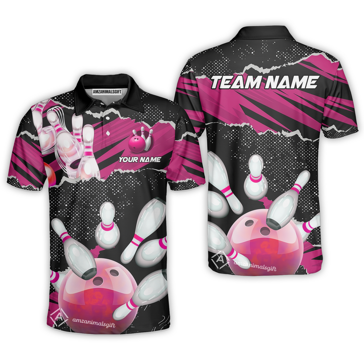 Personalized Bowling Team Polo Shirt, Bowling Uniforms Ball & Pins Sport Pattern Multicolor Options Custom Name And Team Name