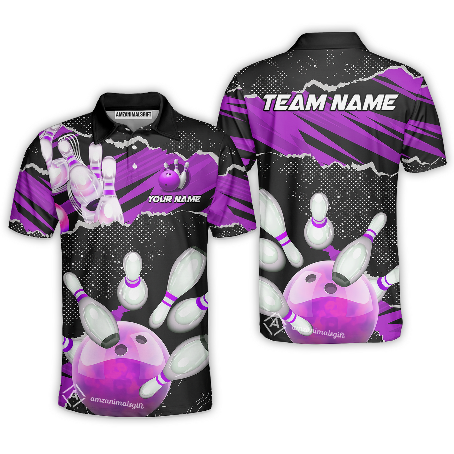 Personalized Bowling Team Polo Shirt, Bowling Uniforms Ball & Pins Sport Pattern Multicolor Options Custom Name And Team Name