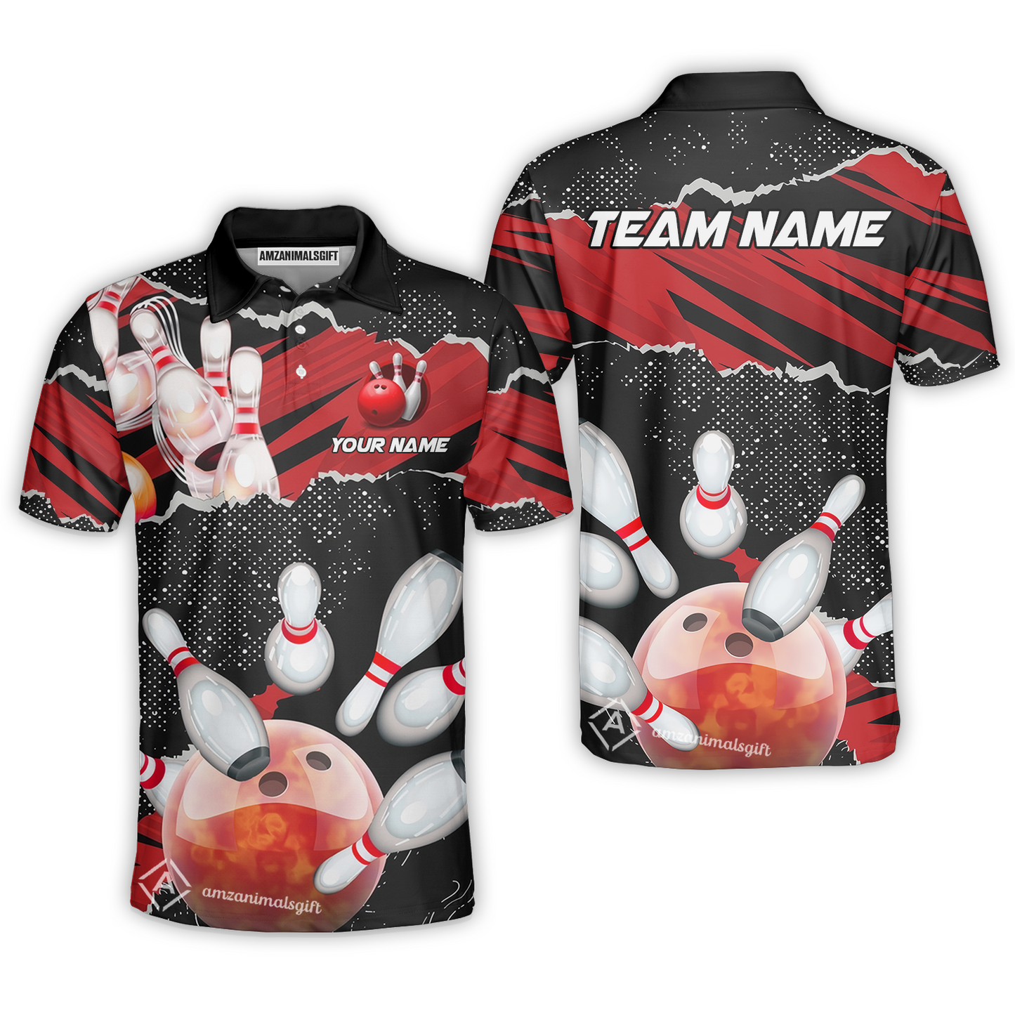 Personalized Bowling Team Polo Shirt, Bowling Uniforms Ball & Pins Sport Pattern Multicolor Options Custom Name And Team Name