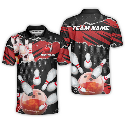 Personalized Bowling Team Polo Shirt, Bowling Uniforms Ball & Pins Sport Pattern Multicolor Options Custom Name And Team Name