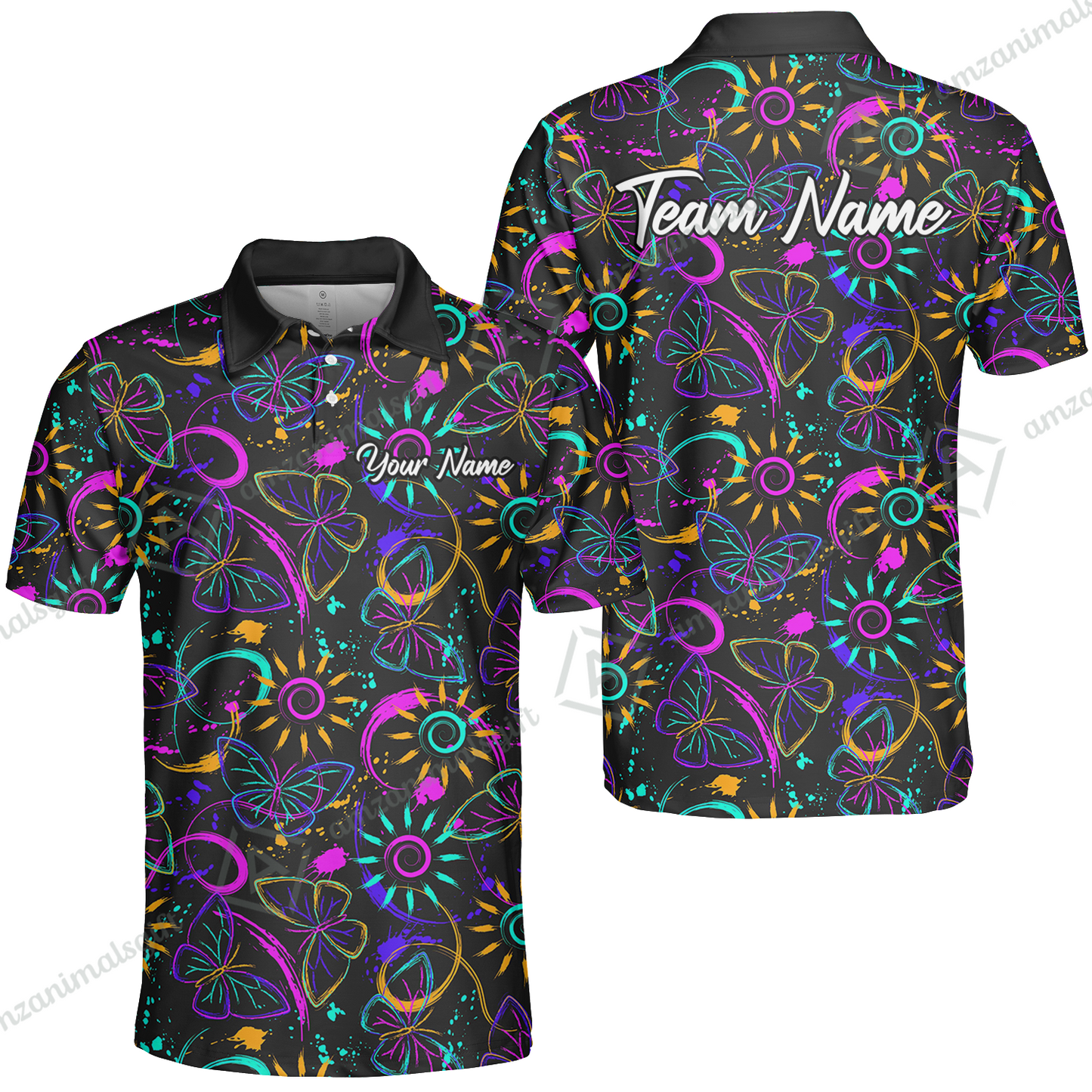 Custom Bowling Jersey Polo Shirt, Colorful Butterfly Bowling, Custom Bowling Jersey Team Shirt For Players With Name & Team Name