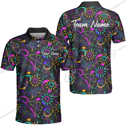 Custom Bowling Jersey Polo Shirt, Colorful Butterfly Bowling, Custom Bowling Jersey Team Shirt For Players With Name & Team Name