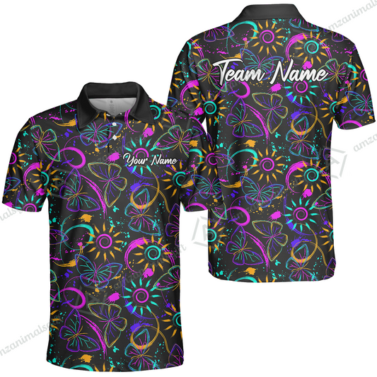 Custom Bowling Jersey Polo Shirt, Colorful Butterfly Bowling, Custom Bowling Jersey Team Shirt For Players With Name & Team Name