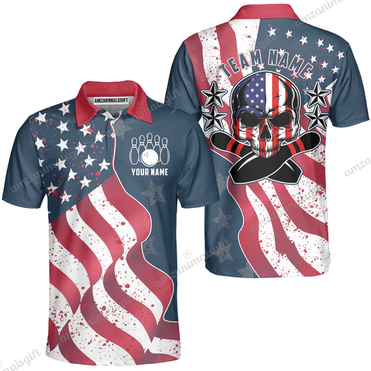 Bowling Custom Men Polo Shirt - Custom Name Vintage American Flag Patriotic Skull Bowling Personalized Bowling Polo Shirt - Perfect Gift For Friend, Family