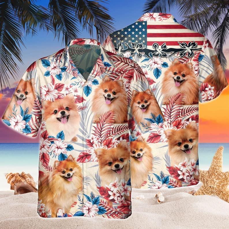Pomeranian Aloha Hawaiian Shirts For Summer, Pomeranian Dog Independence Day USA Flag Hawaiian Shirt For Men Women, 4th of July Gift For Dog Lovers - Amzanimalsgift