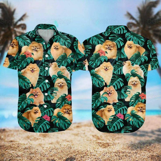 Pomeranian Dog Aloha Hawaiian Shirt - Pomeranians Dog Pattern Hawaiian Shirt, Tropical Leaves Hawaiian Shirt For Men & Women, Dog Lover - Amzanimalsgift