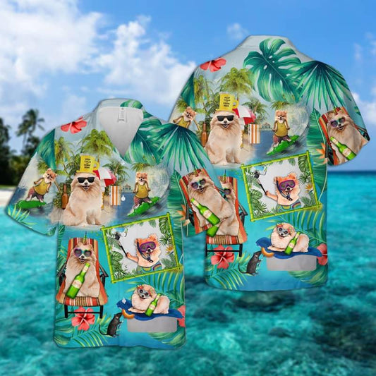 Pomeranian Hawaiian Shirt, Pomeranian Surfing On Beach Hawaiian Shirt For Men - Perfect Gift For Pomeranian Lover, Husband, Boyfriend, Friend, Family - Amzanimalsgift