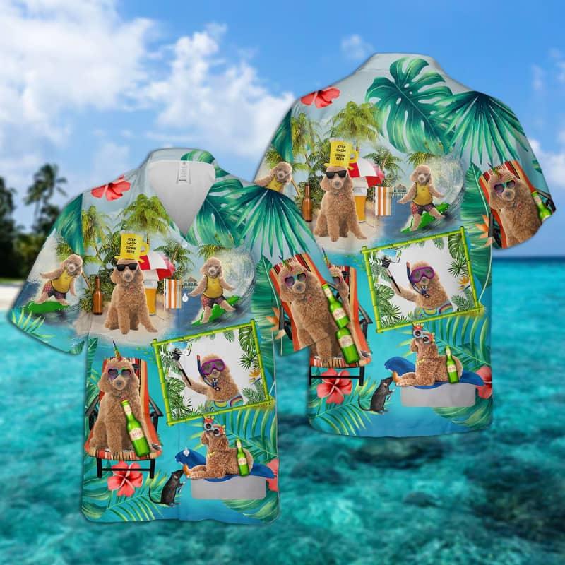 Poodle Hawaiian Shirt, Poodle Surfing On Beach Hawaiian Shirt For Men - Perfect Gift For Poodle Lovers, Husband, Boyfriend, Friend, Family - Amzanimalsgift