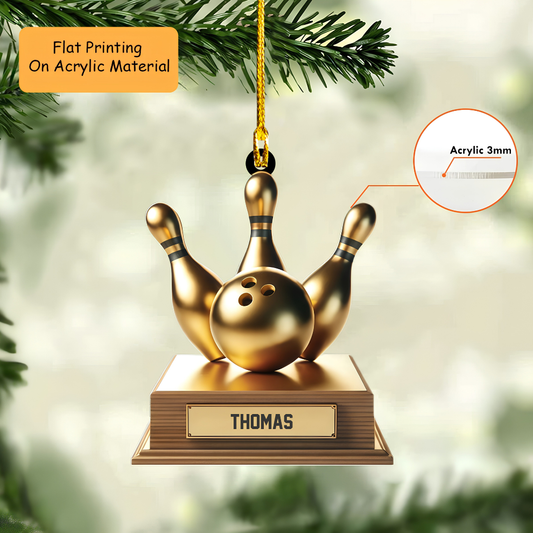 Golden Personalized Custom Name Bowling Ornament, Custom Bowling Christmas Gift, Keychain Bowling, Car Ornament Bowling
