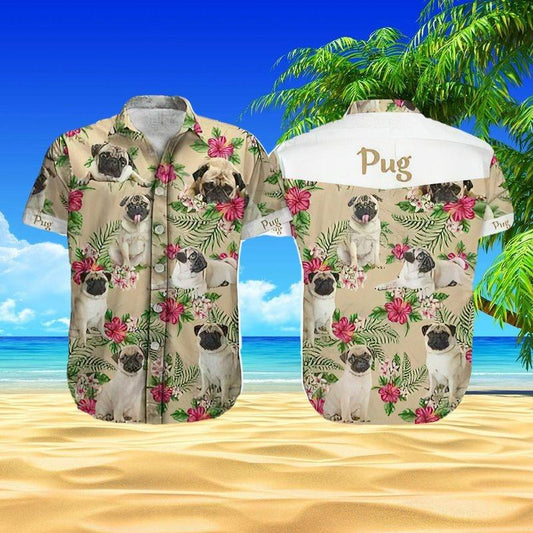 Pug Aloha Hawaiian Shirt - Funny Pug Pattern Hawaiian Shirt, Tropical Flower Hawaiian Shirt For Men & Women, Pug Lover - Amzanimalsgift