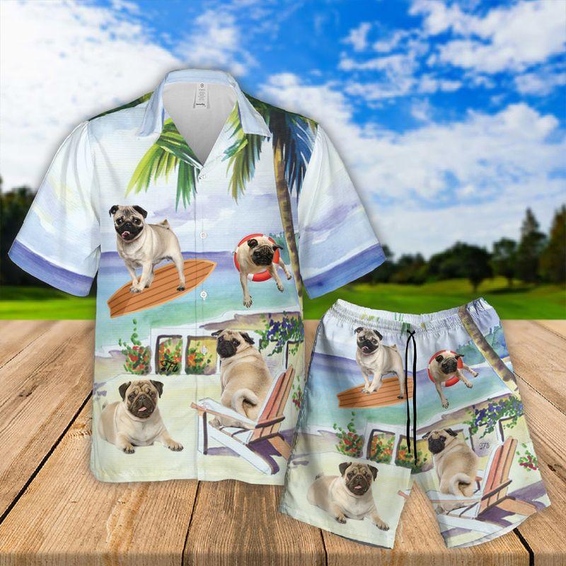 Pug Aloha Hawaiian Shirts For Summer - Dog Art Hawaiian Set Vacation Outfits For Men Women - Gift For Dog Lovers, Dog Mom Dad, Dog Owner - Amzanimalsgift